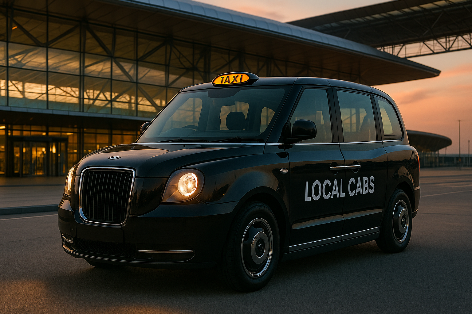 Airport Transfers, Local Cabs airport transfer taxi waiting outside an airport terminal for Heathrow and Gatwick journeys from Camberley, Frimley, Farnborough, Sandhurst and Yateley.