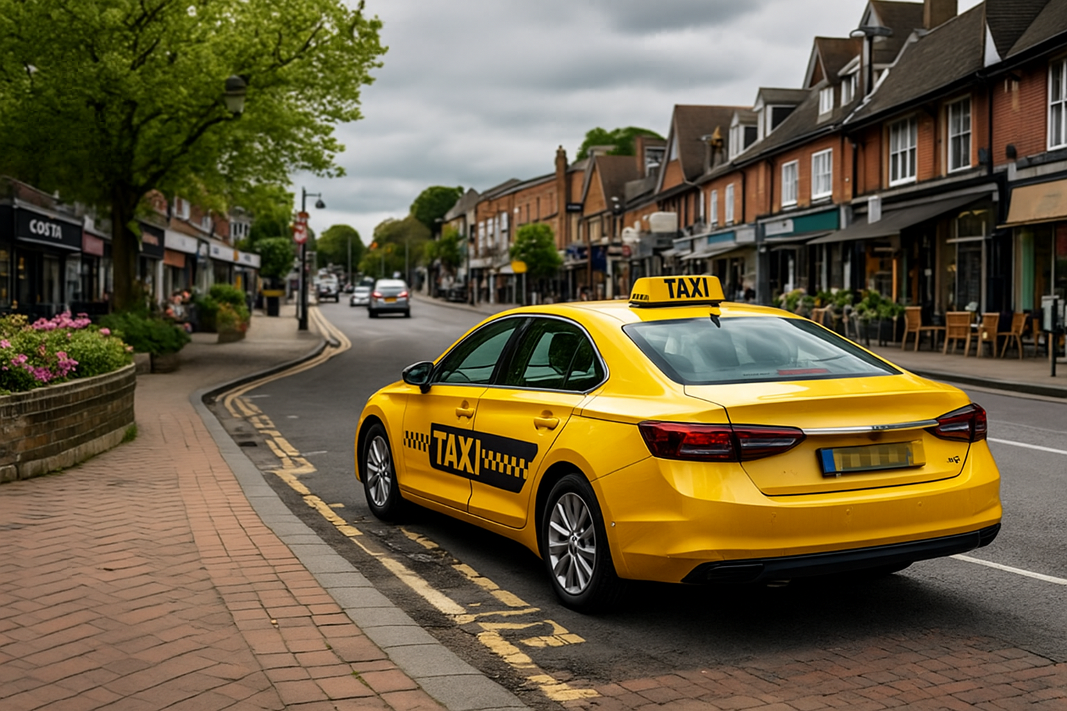Yellow taxi parked on Camberley high street representing Local Cabs service in Camberley, Frimley, Farnborough, Sandhurst and nearby towns.